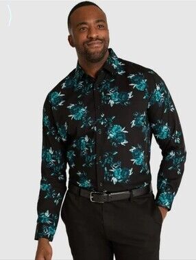 Johnny Bigg Black Floral Dress Shirt with Teal Blue Print XL